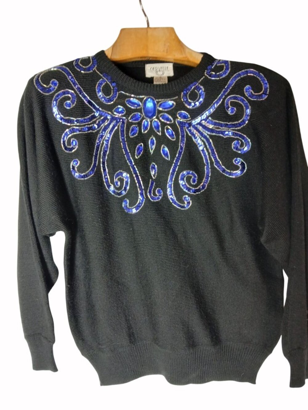 Vintage Cervelle Black Sweater Blue Sequins Beaded Size S Oversized Bedazzled